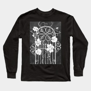 Clematis Flower and Vine on Wrought Iron Trellis, Black and White Long Sleeve T-Shirt